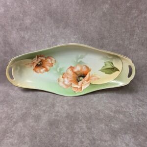 RS Germany Antique Porcelain Celery Tray Hand Painted Poppies Floral Dish 12 In.